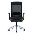 Black ergonomic medium back office chair with adjustable lumbar support and 3D armrests on chrome base with casters
