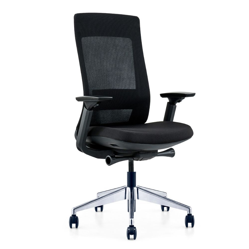 Black ergonomic medium back office chair with adjustable lumbar support and 3D armrests on chrome base with casters