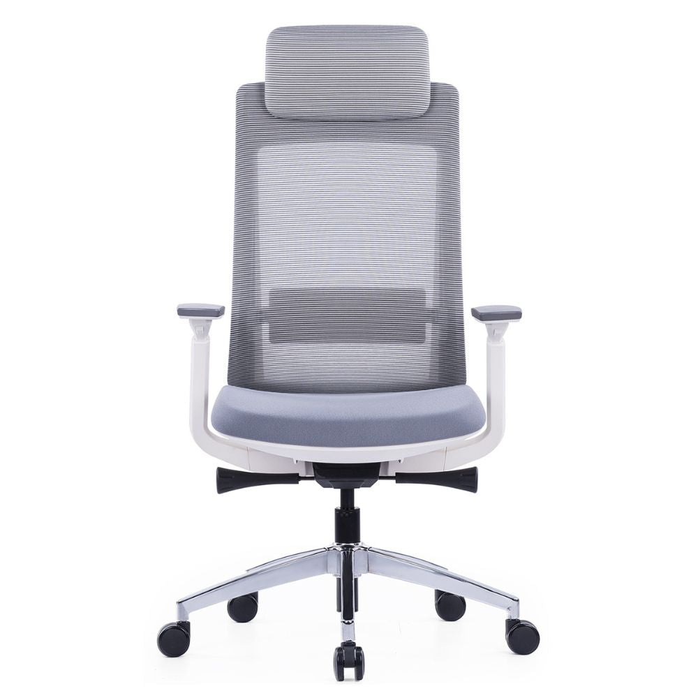 EVL-004A ergonomic high back office chair with white nylon frame, adjustable headrest, lumbar support, PU armrests, chrome base, and black casters