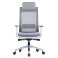 EVL-004A ergonomic high back office chair with white nylon frame, adjustable headrest, lumbar support, PU armrests, chrome base, and black casters