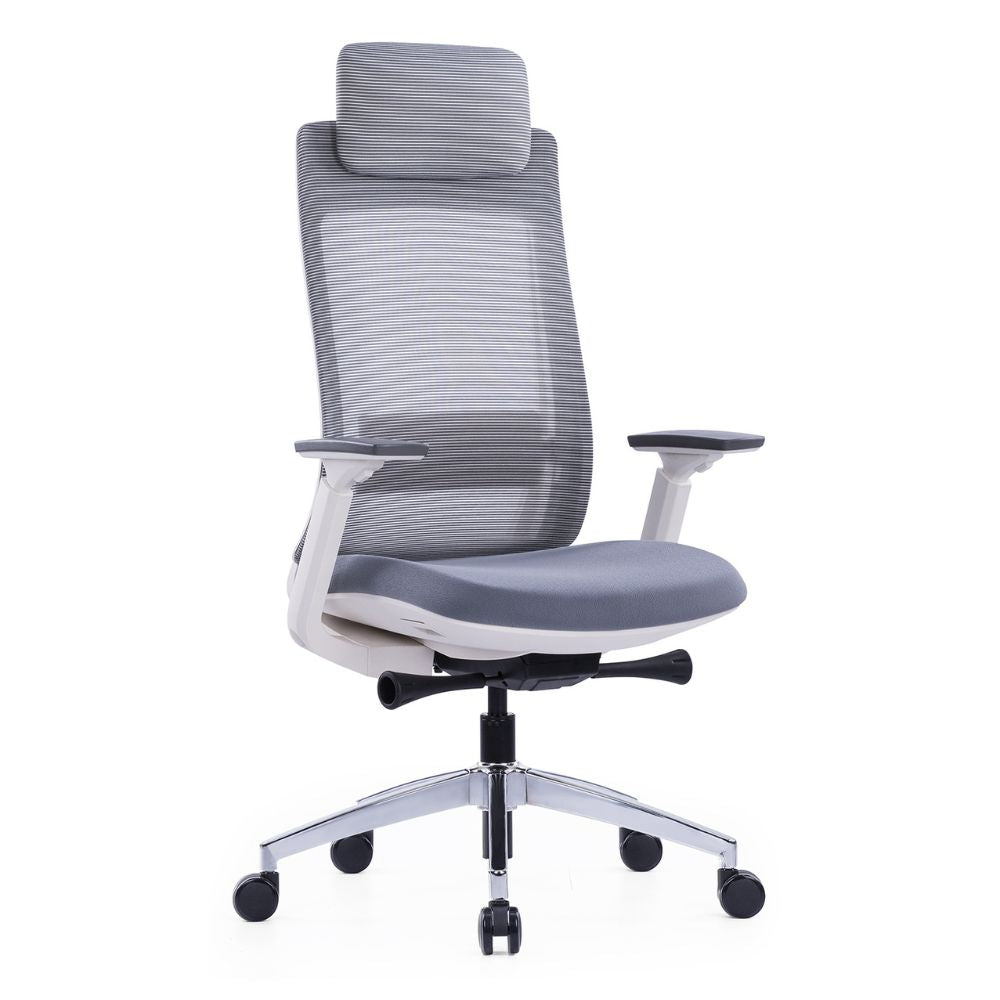 EVL-004A ergonomic high back office chair with white nylon frame, adjustable headrest, lumbar support, PU armrests, chrome base, and black casters