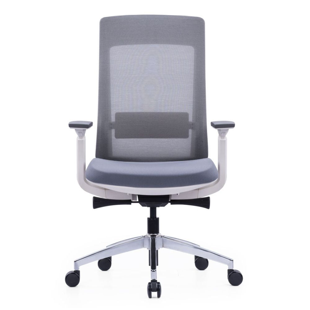 EVL-004A ergonomic medium back office chair with white nylon frame, adjustable lumbar support, PU armrests, sliding seat, chrome base, and black casters