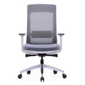 EVL-004A ergonomic medium back office chair with white nylon frame, adjustable lumbar support, PU armrests, sliding seat, chrome base, and black casters