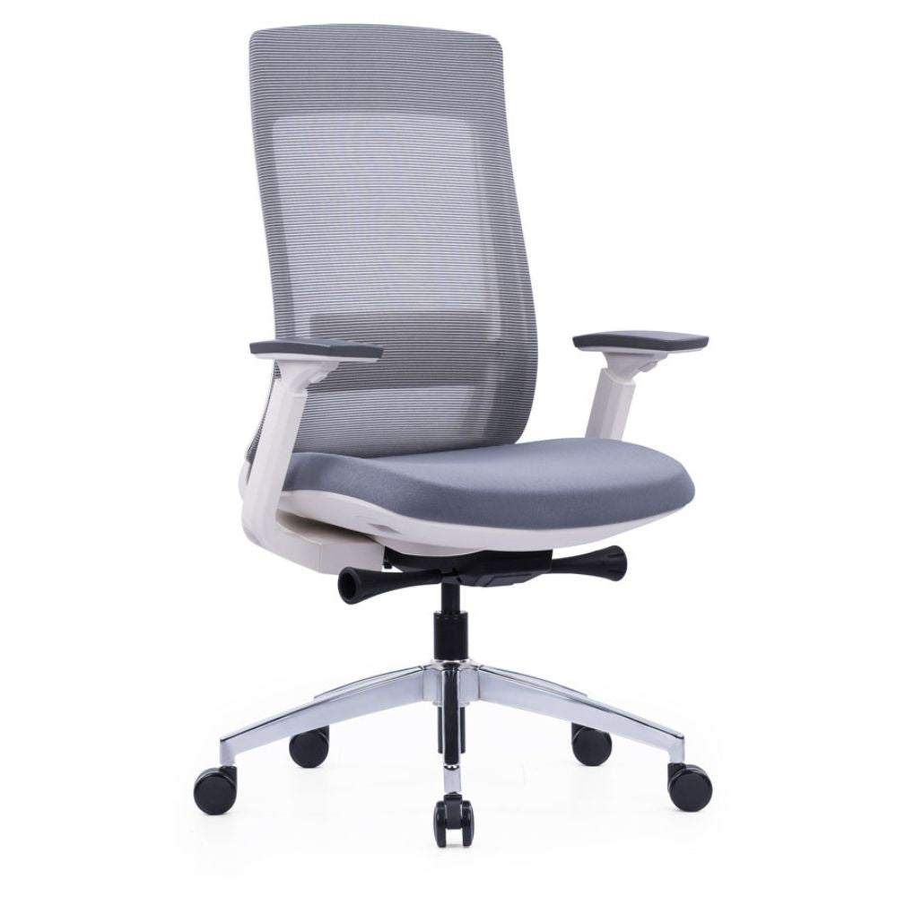 EVL-004A ergonomic medium back office chair with white nylon frame, adjustable lumbar support, PU armrests, sliding seat, chrome base, and black casters