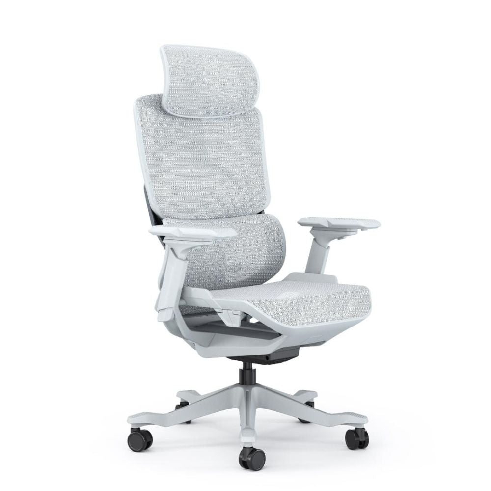 Ergonomic high back office chair with headrest, grey frame, foldable armrests, lumbar support, and nylon base with casters