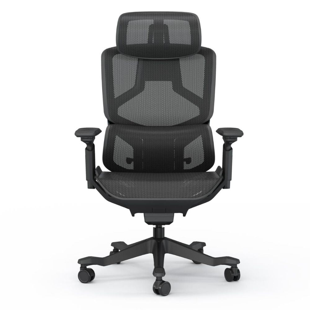 EZY-001A Ergonomic high back black office chair with mesh design, 5D foldable armrests, adjustable lumbar support, liftable backrest, and black nylon base with PU casters