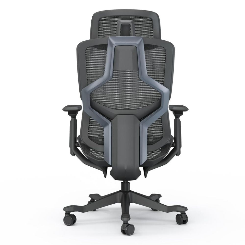 EZY-001A Ergonomic high back black office chair with mesh design, 5D foldable armrests, adjustable lumbar support, liftable backrest, and black nylon base with PU casters