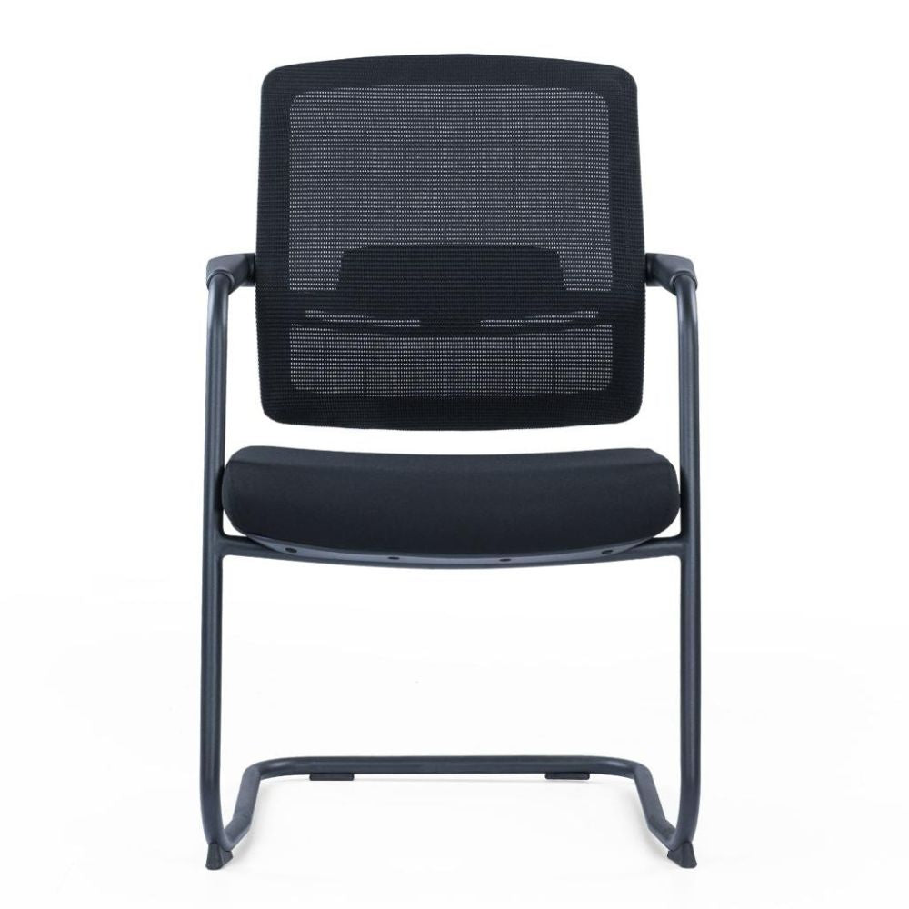 HY-357C-1 Visitor Chair with black plastic and glass fiber frame, fixed lumbar support, linked armrests, high elastic foam seat, and black steel bow-shaped legs