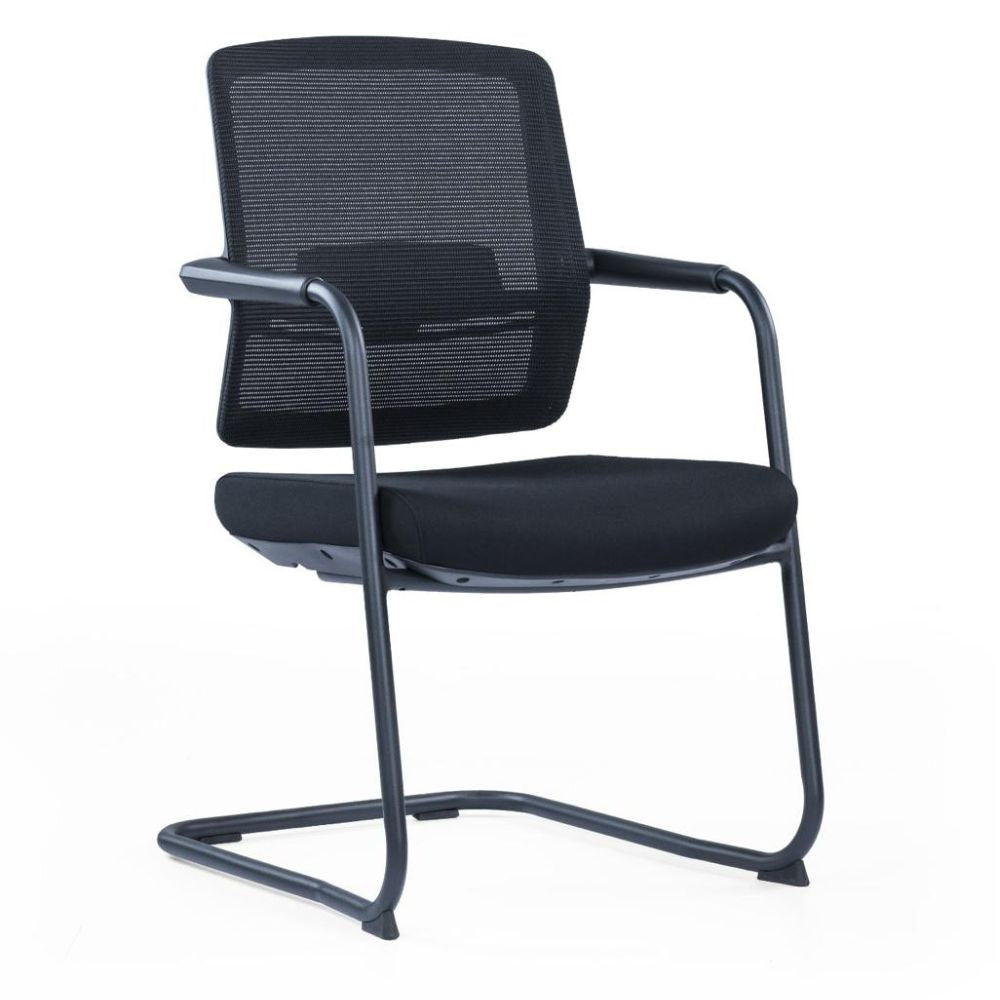 HY-357C-1 Visitor Chair with black plastic and glass fiber frame, fixed lumbar support, linked armrests, high elastic foam seat, and black steel bow-shaped legs