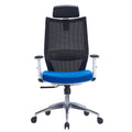 HY-718A-BS ergonomic high back office chair with black mesh back, blue cushioned seat, adjustable headrest and armrests, lumbar support, and aluminum base with caster wheels