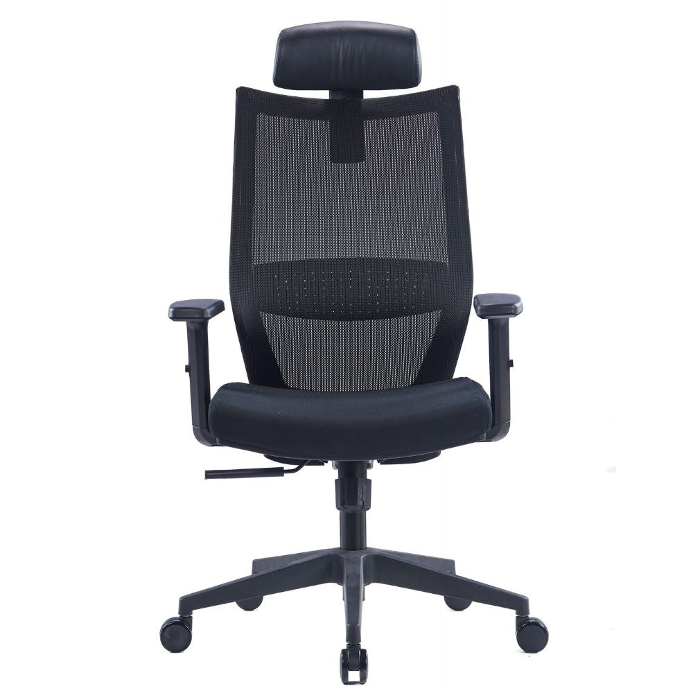 Black HY-718A Ergonomic High Back Chair with mesh back, adjustable headrest and armrests, lumbar support, cushioned seat, and five-star base with caster wheels