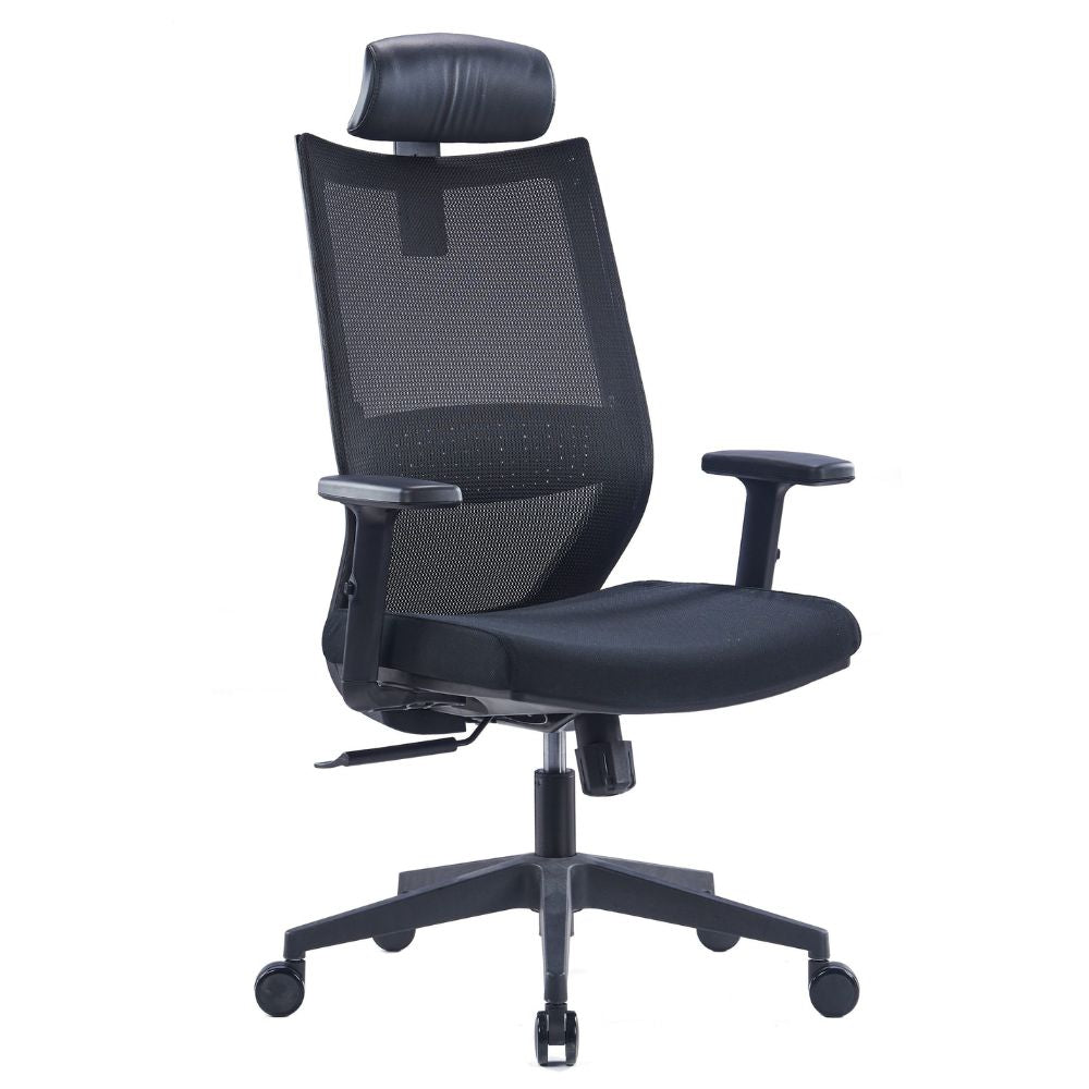 Black HY-718A Ergonomic High Back Chair with mesh back, adjustable headrest and armrests, lumbar support, cushioned seat, and five-star base with caster wheels