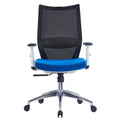 HY-718B-BS ergonomic medium back office chair with black mesh back, blue cushioned seat, adjustable white armrests, lumbar support, and aluminum alloy base with PU castors