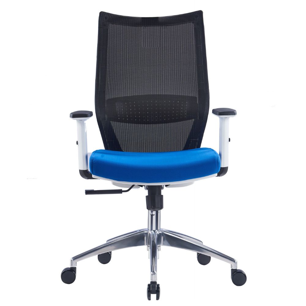 HY-718B-BS ergonomic medium back office chair with black mesh back, blue cushioned seat, adjustable white armrests, lumbar support, and aluminum alloy base with PU castors