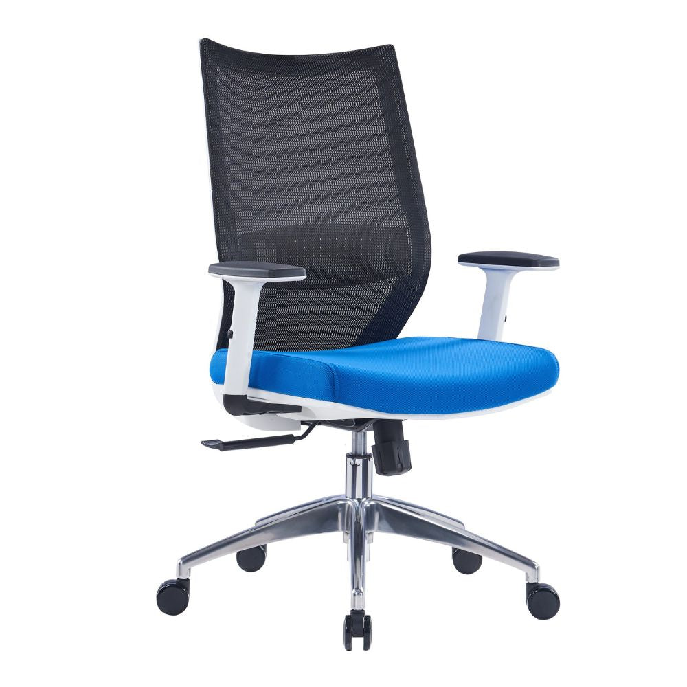 HY-718B-BS ergonomic medium back office chair with black mesh back, blue cushioned seat, adjustable white armrests, lumbar support, and aluminum alloy base with PU castors