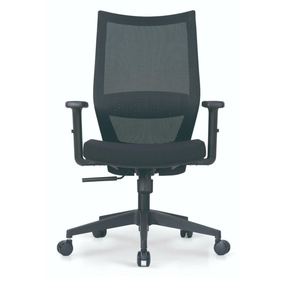HY-718B Ergonomic black medium back office chair with mesh back, adjustable lumbar support, armrests, and five-star nylon base with PU wheels