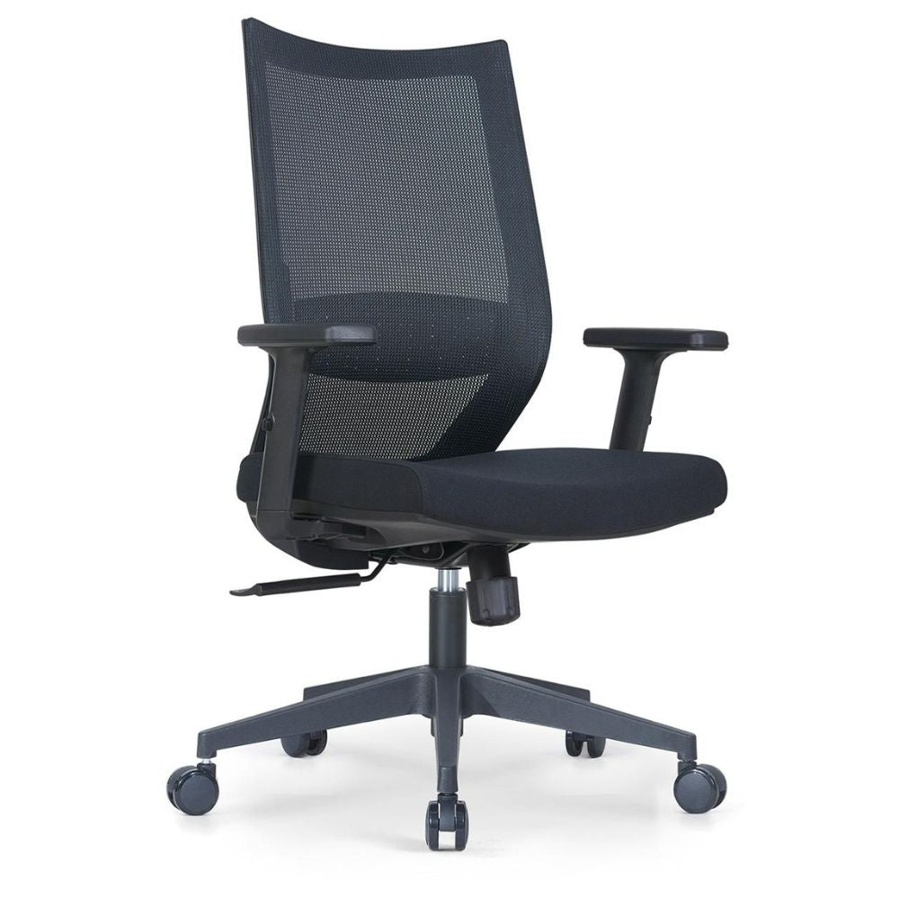 HY-718B Ergonomic black medium back office chair with mesh back, adjustable lumbar support, armrests, and five-star nylon base with PU wheels