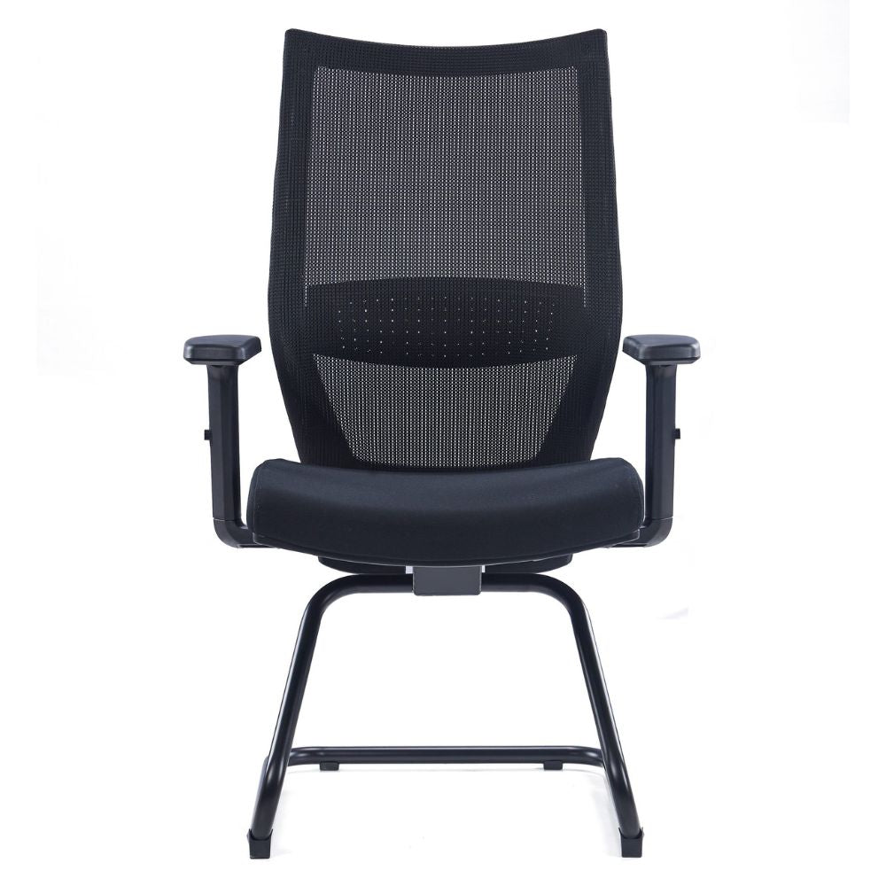 HY-718C Visitor Chair in black with mesh back, adjustable lumbar support, soft TPU armrests, fireproof foam cushion, and black coated frame