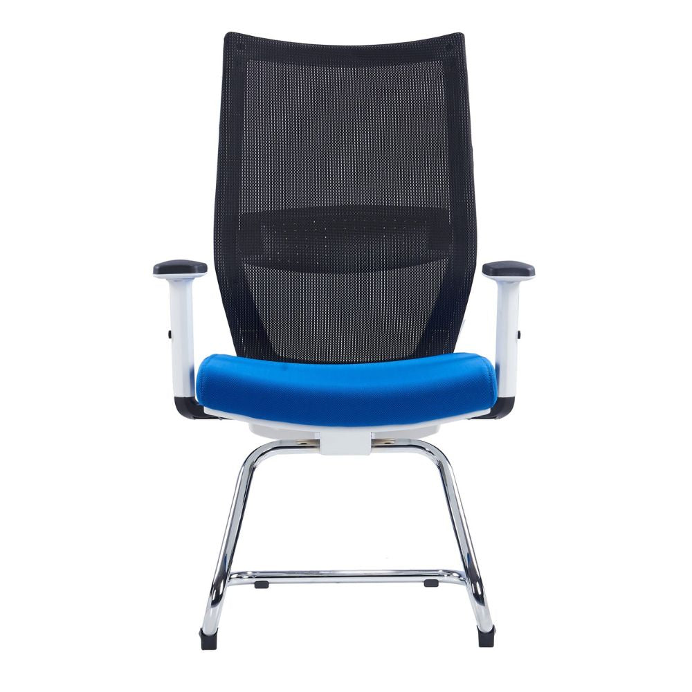 HY-718C Visitor Chair with black mesh back, adjustable white armrests, blue cushioned seat, and chrome metal base