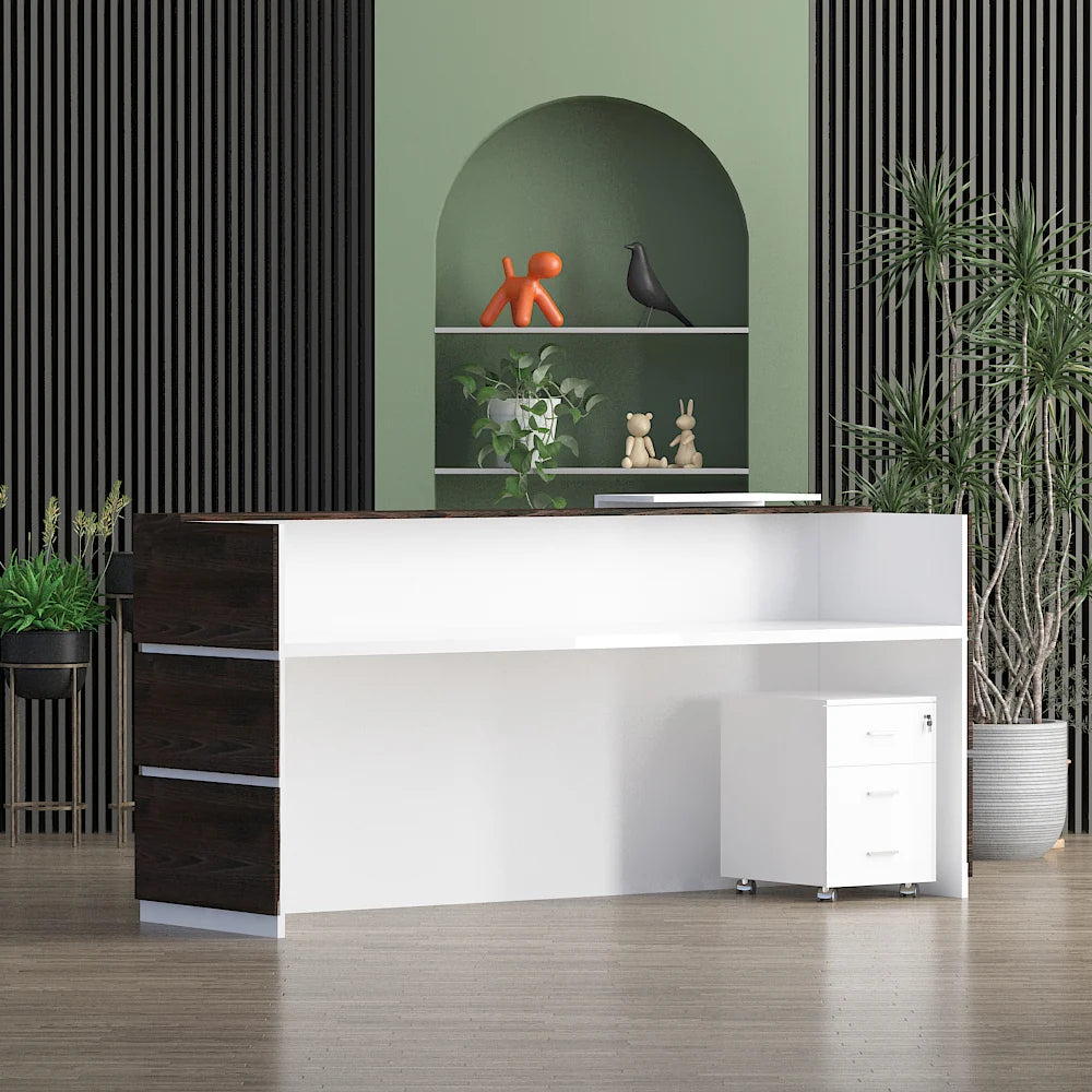 Modern reception table with dark wood finish and white accent panel in stylish office setting