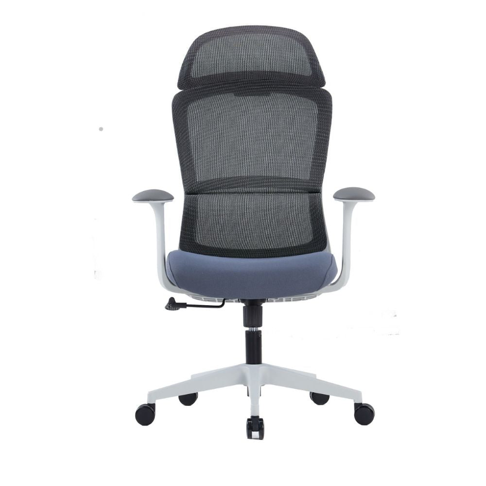 Noah High Back Ergonomic Chair with mesh headrest, black plastic and glass fiber frame, T-shaped armrests, and PU molded foam.