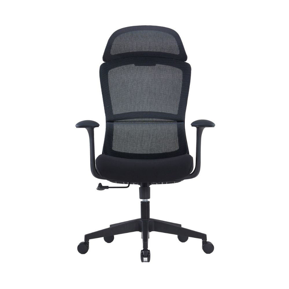 Noah High Back Ergonomic Chair, black mesh with fixed headrest, T-shape armrests, and adjustable features.