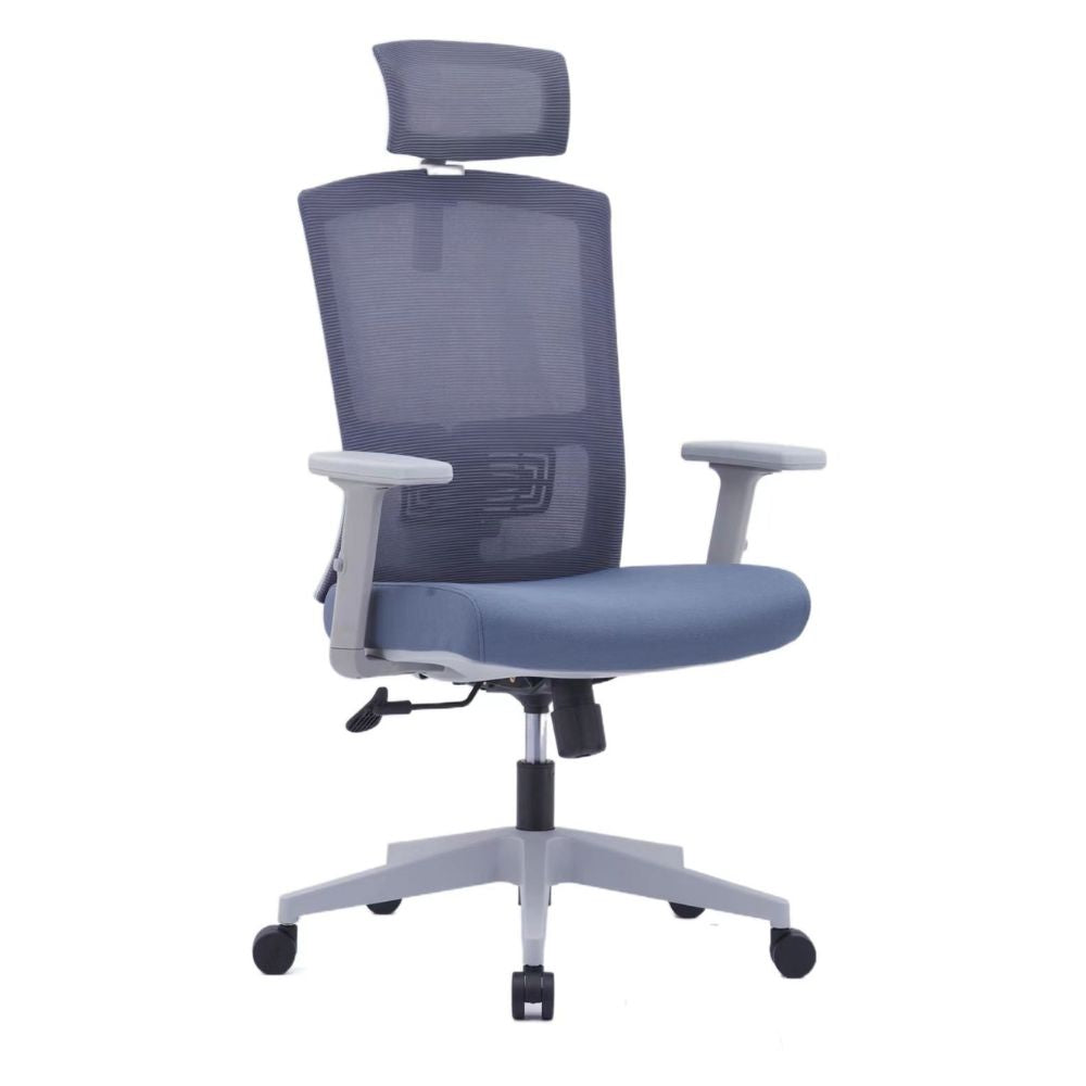 U-037A-HS Ergonomic high back office chair with grey mesh, adjustable headrest, armrests, and grey nylon base with black casters