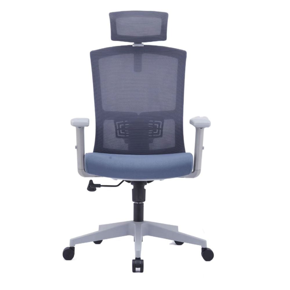 U-037A-HS Ergonomic high back office chair with grey mesh, adjustable headrest, armrests, and grey nylon base with black casters
