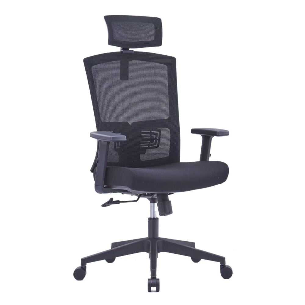 U-037A Ergonomic high back black office chair with mesh back, adjustable headrest and armrests, nylon base, and casters