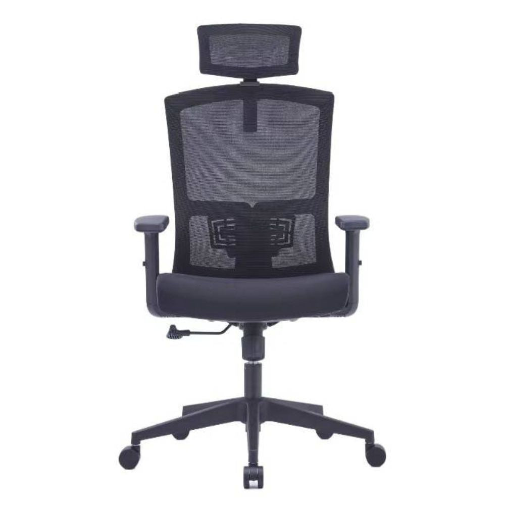 U-037A Ergonomic high back black office chair with mesh back, adjustable headrest and armrests, nylon base, and casters