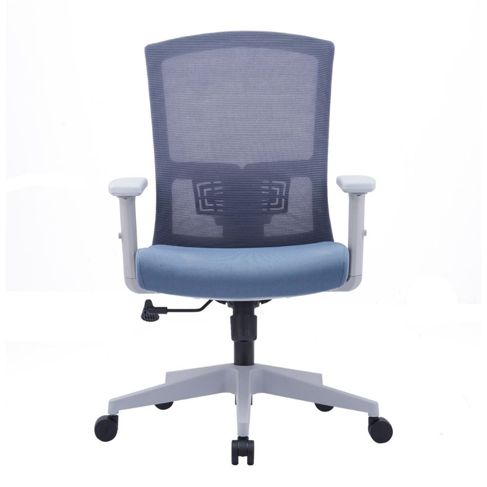 U-037B-HS Ergonomic medium back chair with grey mesh back, adjustable grey armrests, black cushioned seat, and grey nylon base with black casters