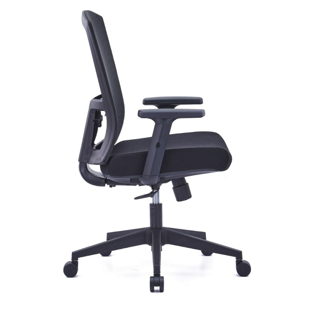 U-037B ergonomic medium back black office chair with mesh back, adjustable armrests, and nylon base with casters