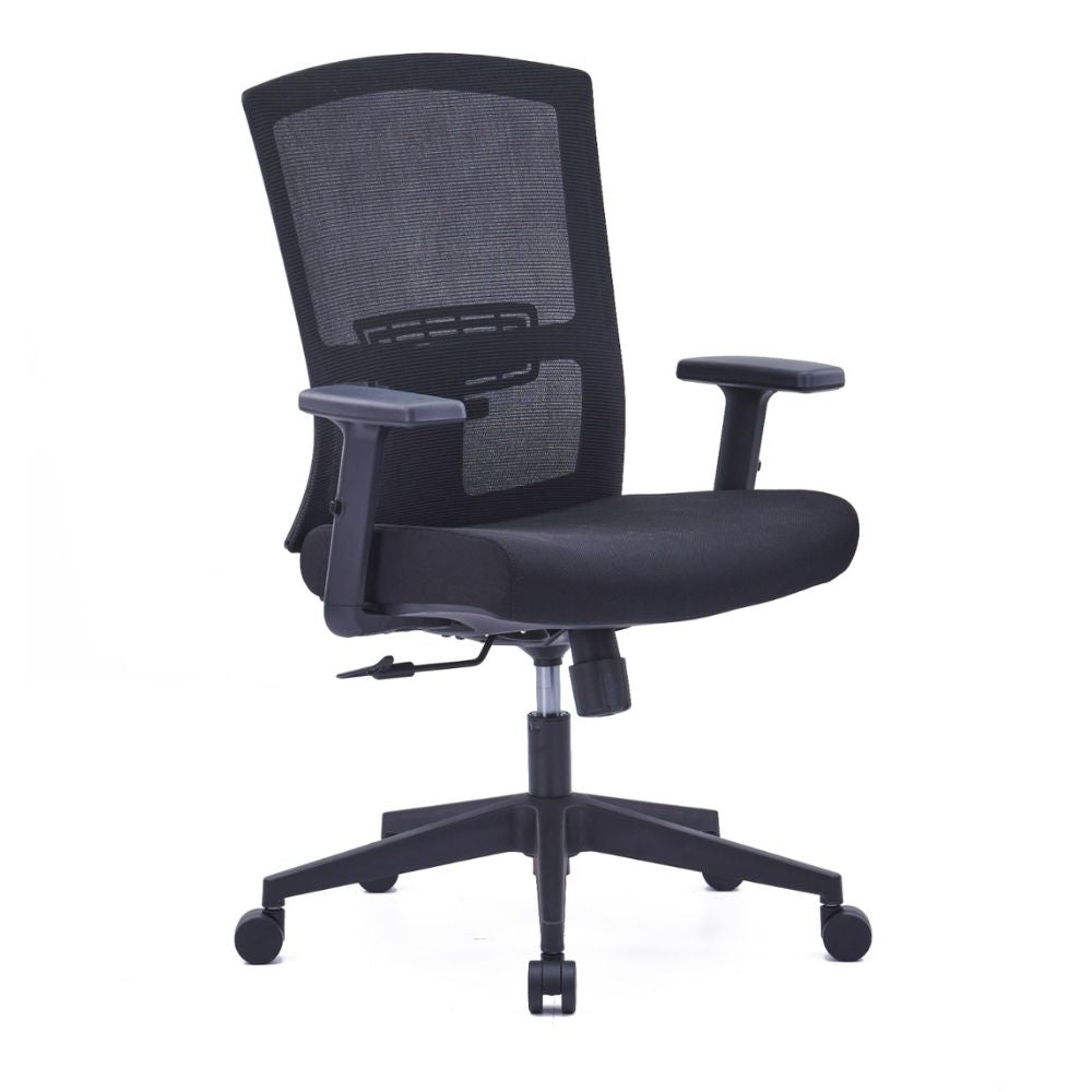U-037B ergonomic medium back black office chair with mesh back, adjustable armrests, and nylon base with casters