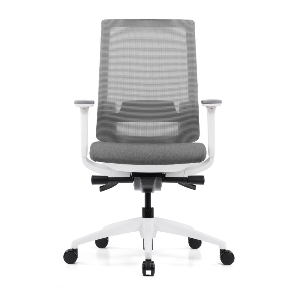 VIX-B-BS Ergonomic medium back office chair with adjustable lumbar support, PU-covered adjustable armrests, synchro tilt mechanism, and nylon base with casters