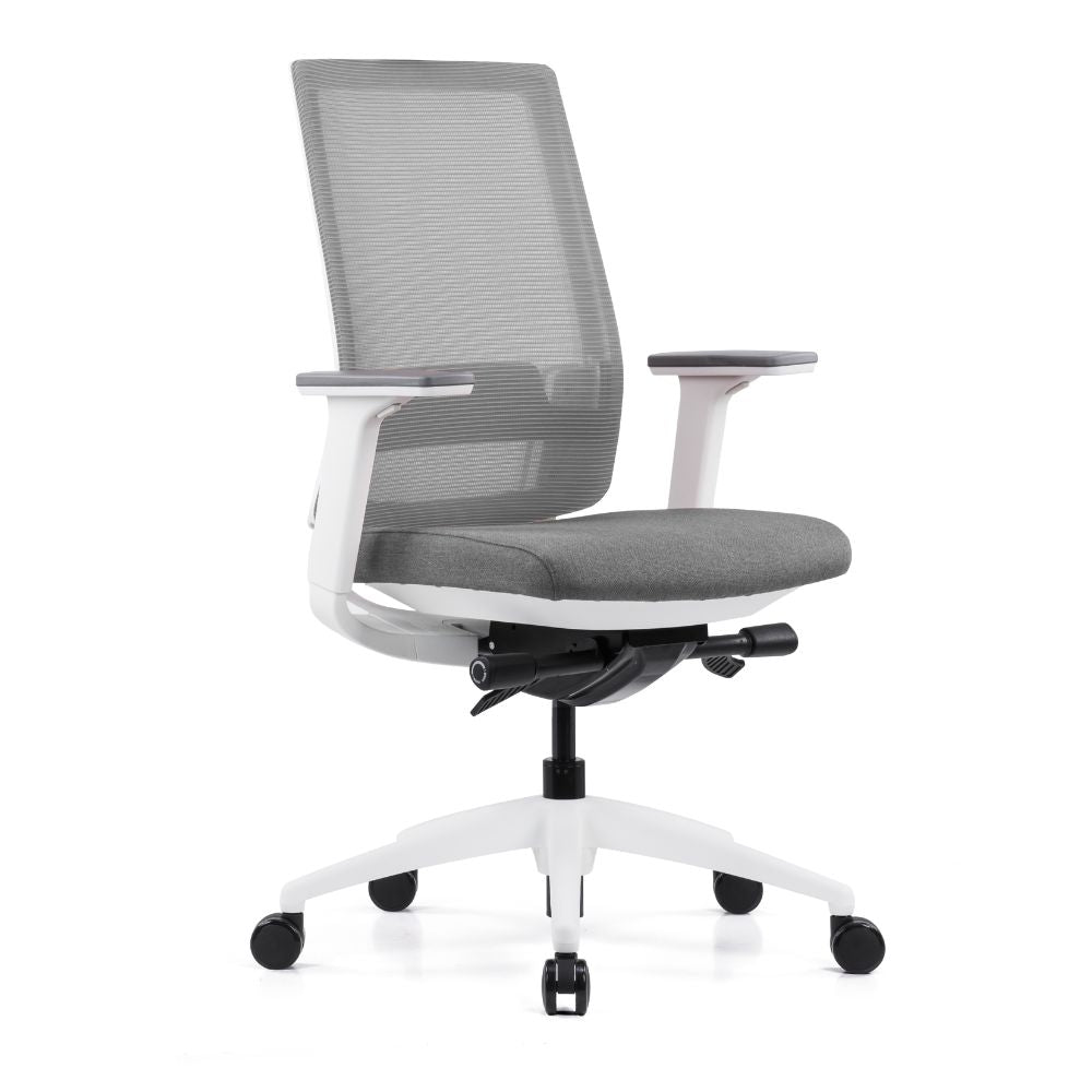 VIX-B-BS Ergonomic medium back office chair with adjustable lumbar support, PU-covered adjustable armrests, synchro tilt mechanism, and nylon base with casters