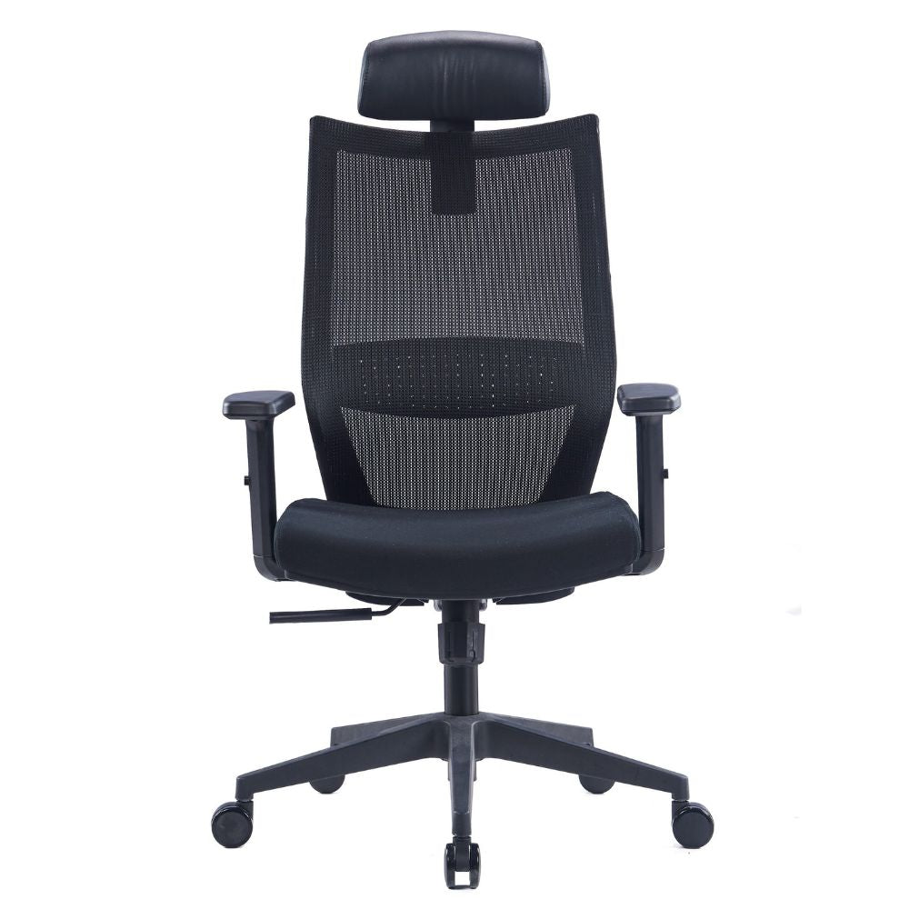 Vincent High Back Ergonomic Chair with adjustable headrest, breathable mesh backrest, and 5-star aluminum base in black.